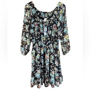 American Rag Floral Mini Dress Women’s XL Black Smocked Cold Shoulder Lined